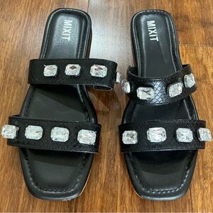 Sandals Slide Black Snake Clear Rhinestone Stoned Embellished Mixit Kelly SZ 7.5